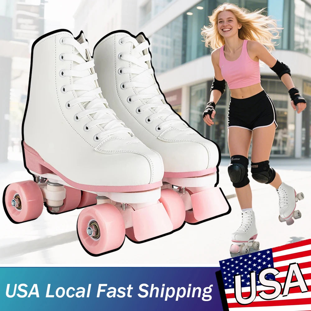 Roller Skates Shoes Adult Outdoor Sneakers Size 35-40 PU Leather Roller Skates Skating Shoes Training 4 Wheels Quad Sneakers