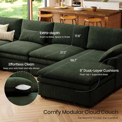 Large Modular Sectional Sofa with Deep Chaise, 104" Corduroy L Shaped Couch with 9" Soft Dual-Layer Seats Cushion Customized