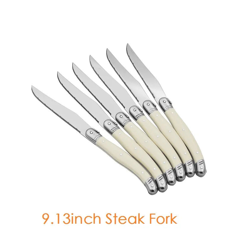 4/6/24pcs Laguiole Ivory White Silverware Stainless Steel Steak Knives Table Forks Dinner Spoons Dessert Teaspoon Xmas Cutlery