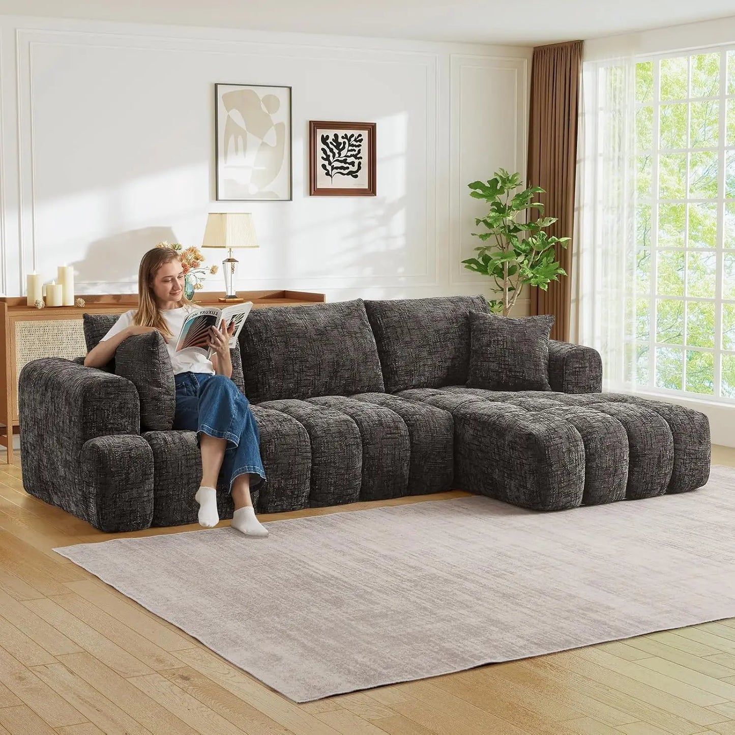 108" W Modular Sectionals Sofa,Cloud Boneless Couch with Chaise,Chenille Tufted Deep Seat L Shaped Couch,Modern Compression Foam