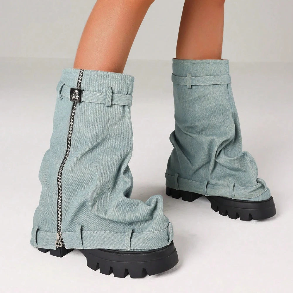 Women'S Y2K Slouchy Fold Over Shark Boots Fashion Punk Side Zipper Platform Chunky Heels Pull On Casual Party Boots Woman