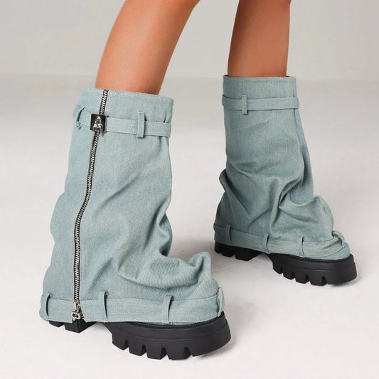 Women'S Y2K Slouchy Fold Over Shark Boots Fashion Punk Side Zipper Platform Chunky Heels Pull On Casual Party Boots Woman