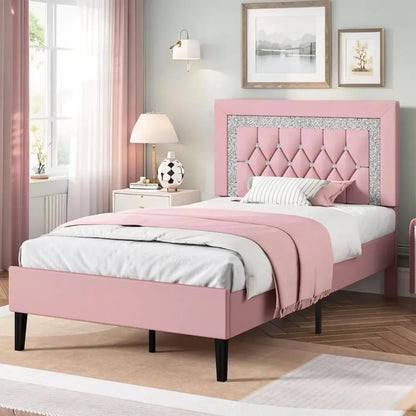 Frame with Tufted Button Headboard, Upholstered Platform Bed Frame with Diamond Design, Wood Slat Support