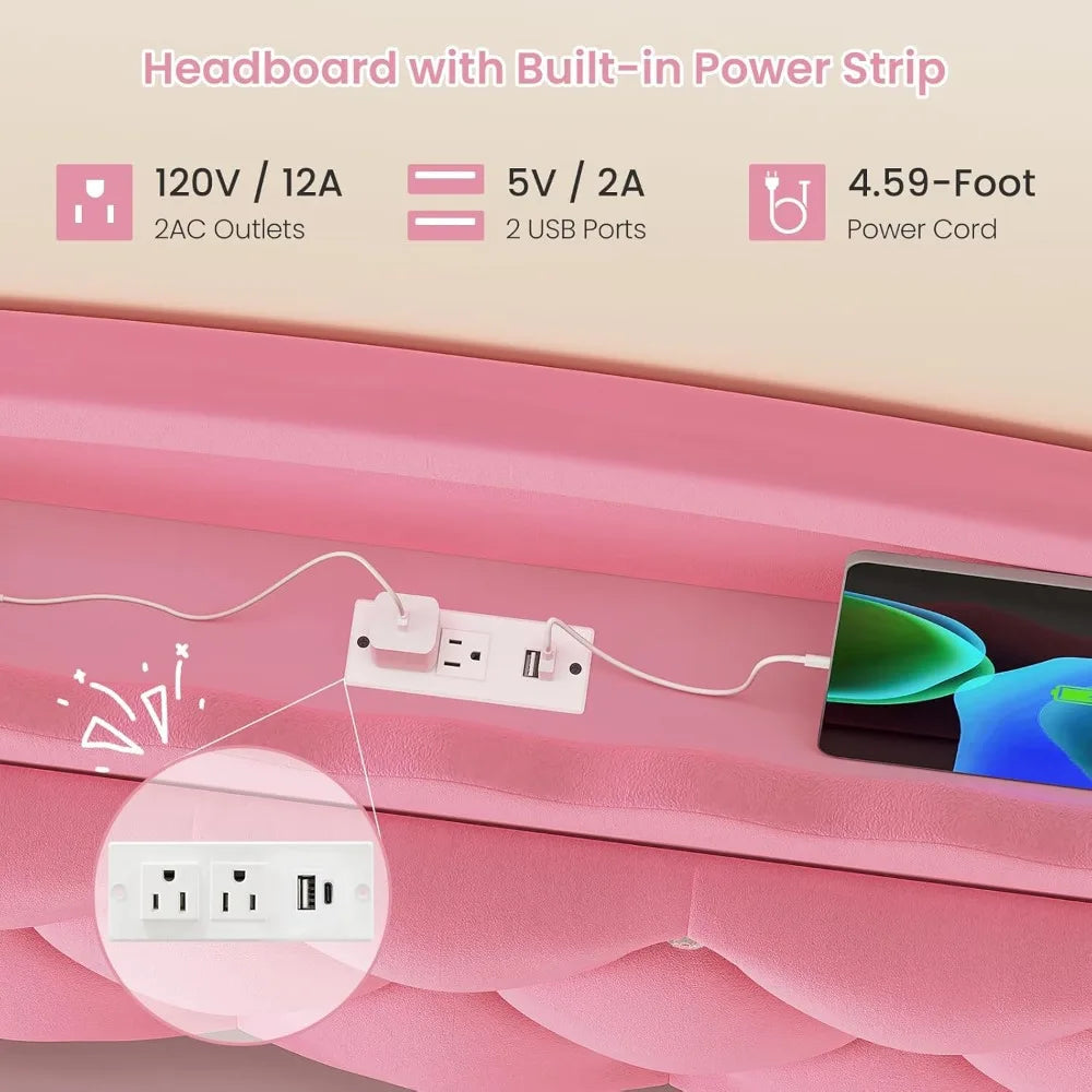 Pink Princess Bed Frame with Storage Drawers, LED Lights & USB Charging - Full Size Girls Platform Bed