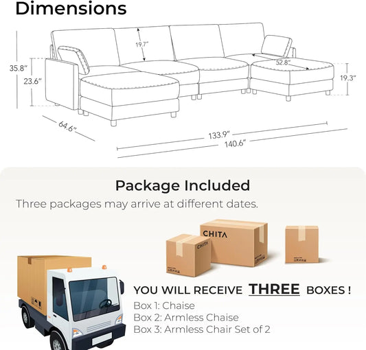 U Shaped Modular Sectional Sofa with 2 Ottoman, Modern Cloud Couch for Living Room and Apartment, 6 Seat Extra Comfty Sofa, Remo