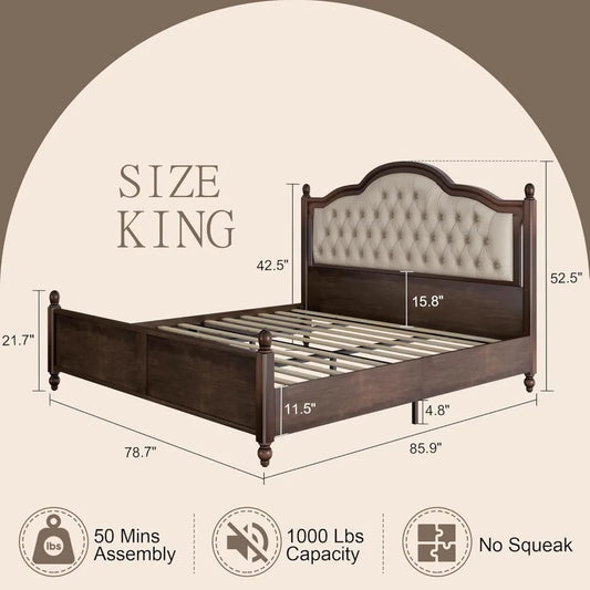 King Size Solid Wood Platform Bed with Upholstered Headboard, Roman Column Accents, No Box Spring Needed