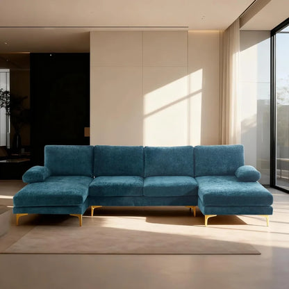 U-Shape Convertible Sectional Sofa with Chaise, 4-Seat Chenille Fabric Couch for Living Room, Office - Peacock Blue