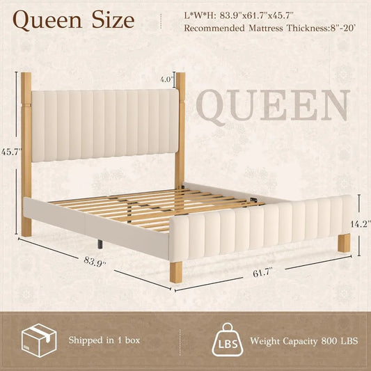 Bed Frame with Headboard, Wood Bed Frame with Solid Wood Posts, No Box Spring Needed, Beige Linen