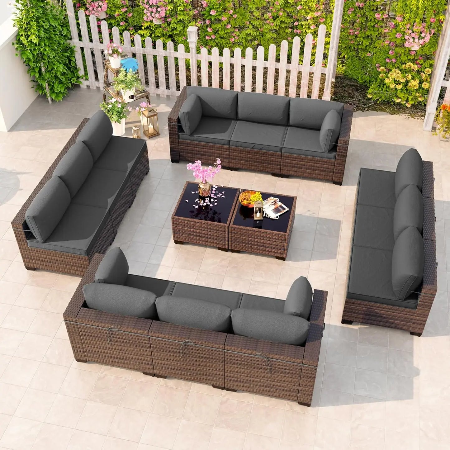 12 Pieces Outdoor Patio PE Rattan Sectional Sofa Set with Cushions & Tempered Glass Coffee Table for Garden Porch, Customized