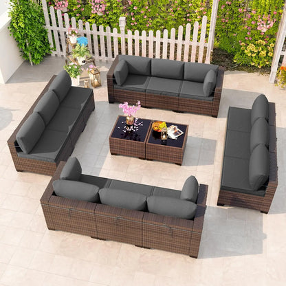 12 Pieces Outdoor Patio PE Rattan Sectional Sofa Set with Cushions & Tempered Glass Coffee Table for Garden Porch, Customized