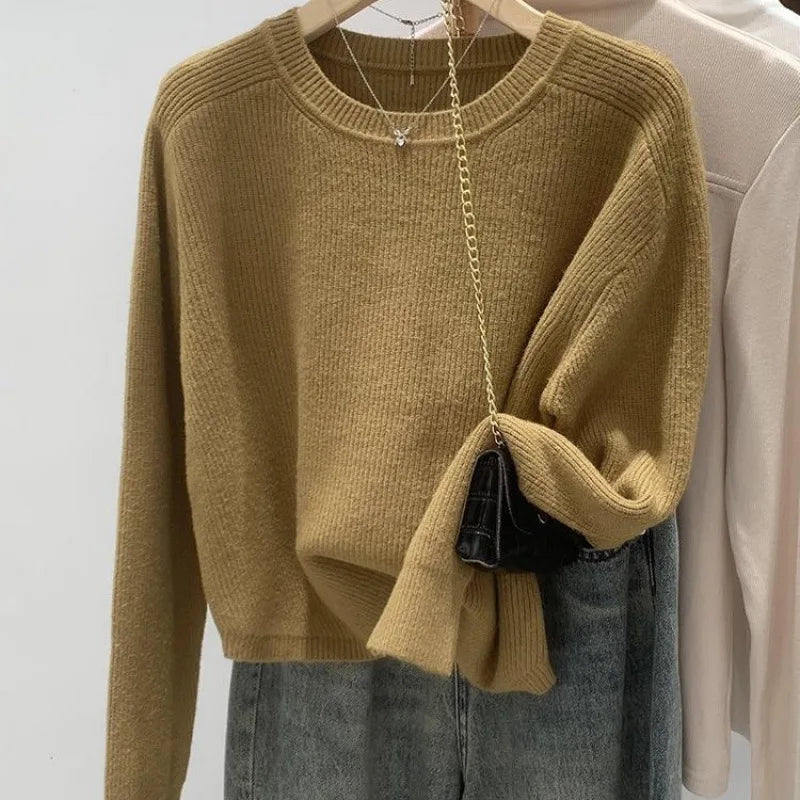 Loose-Fit Stylish Women's Autumn/Winter 2024 New Cropped Outer Wear Sweater Crew Neck Sensibility Niche Top