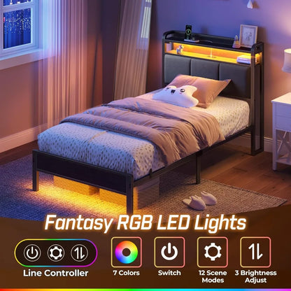 Rolanstar Bed Frame Twin Size with Charging Station and LED Lights, Upholstered Headboard with Storage Shelves, Heavy Duty Metal