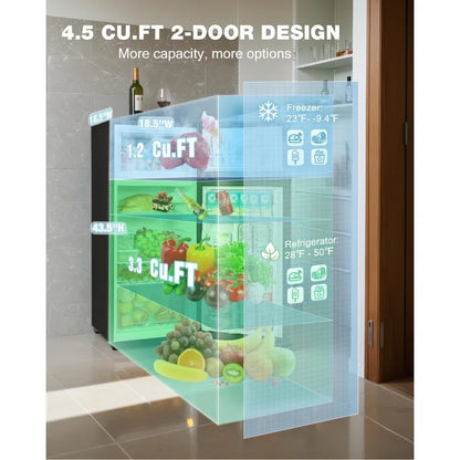 Double Door Refrigerator with Freezer, 4.5 Cu.Ft, Small Fridge with Freezer, 7 Settings Temperature Adjustable,Mini Refrigerator