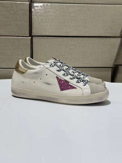 Spring Summer Fashion Casual Low-top Shiny Shoelaces Shoes Women's Round Toe Patchwork Diamond Heel Flat Bottom Sports Shoes