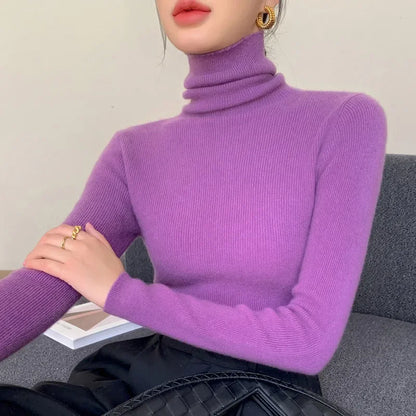 Women Long Sleeve Knitted Pullover Solid Casual Slim Sweater 2025 Autumn Winter Turtleneck Warm Jumper Simple Base Layer Top