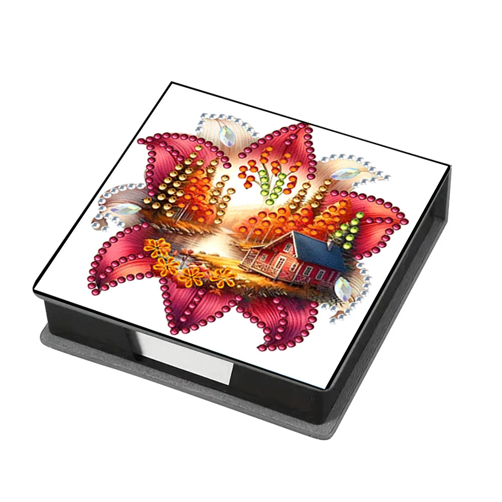 Flowers Leather Diamond Painting Notecard Box Gem Art Sticky Note Holder Gem Painting Memo Pad Holder Mosaic Kit for Home Office