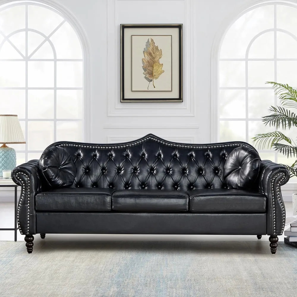 Chesterfield Three Seater Sofa, Mid-Century Modern Faux Leather 3-Seater Upholstered Couch, Tufted Living Room Sofa with 2 Pillo