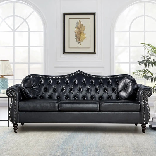 Chesterfield Three Seater Sofa, Mid-Century Modern Faux Leather 3-Seater Upholstered Couch, Tufted Living Room Sofa with 2 Pillo
