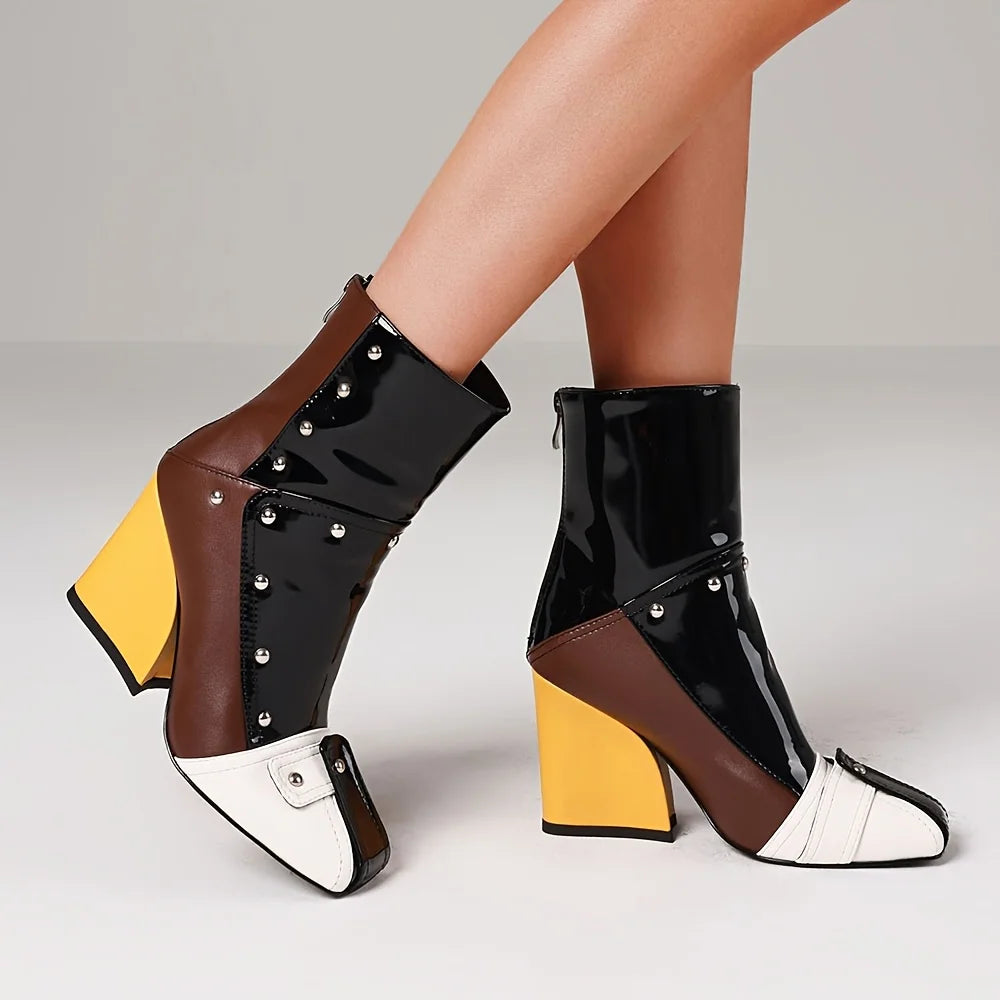 Women's Punk Square Toe Ankle Boots Fashion Rivet Patchwork Back Zipper Chunky High Heel Party Boots Woman