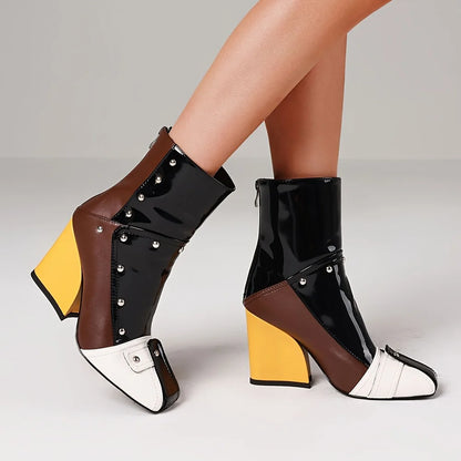 Women's Punk Square Toe Ankle Boots Fashion Rivet Patchwork Back Zipper Chunky High Heel Party Boots Woman