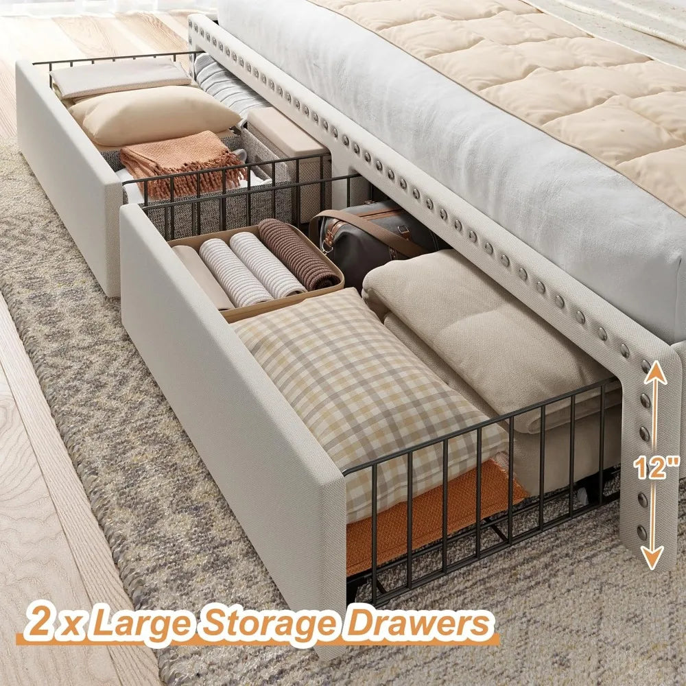 Queen Size Bed Frame, Upholstered Queen Bed Frame with 2 Storage Drawers and 2-Tier Headboard, Vertical Tufted Headboard