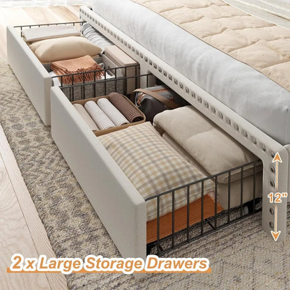 Queen Size Bed Frame, Upholstered Queen Bed Frame with 2 Storage Drawers and 2-Tier Headboard, Vertical Tufted Headboard