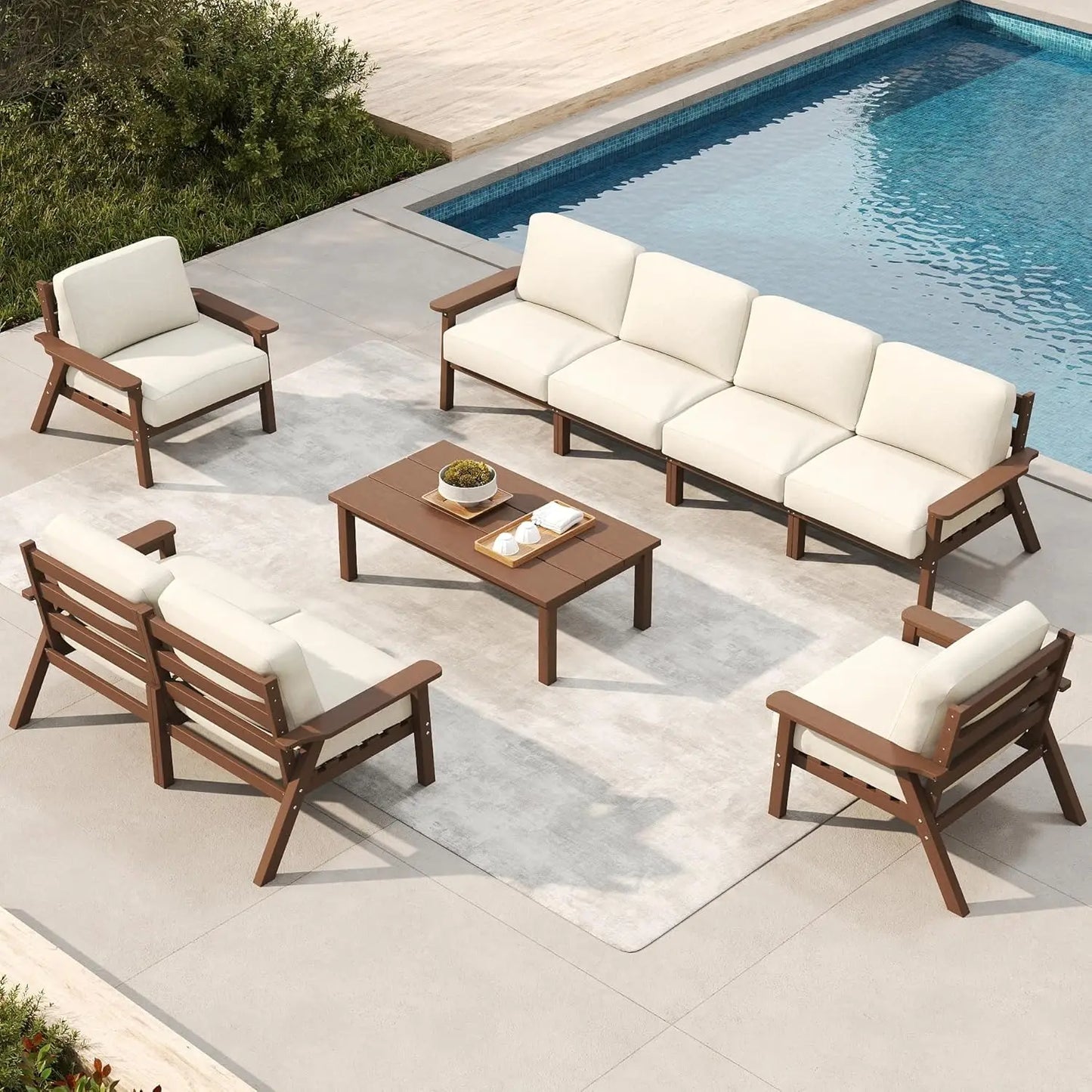 Patio Furniture Set 8 Seats, HDPE Outdoor Sectional with Beige Washable Thick Cushions, Coffee Table, Patio, Customized