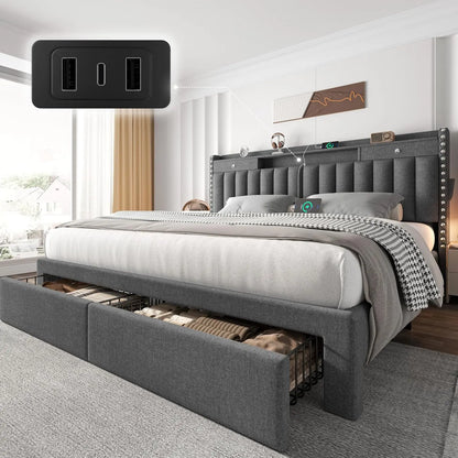 Bed Frame with 4 Storage Drawers, Upholstered Platform  Bed Frame and Headboard, 3 USB & Type-C, Customized
