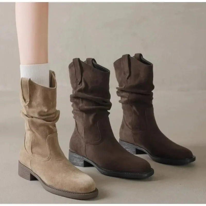 Luxury Women Pleated High Heeled Ankle Boots Autumn New Pointed Toe Brown Cowboy Boots Woman Pu Leather Botas Shoes Plus Size 42