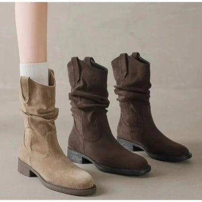 Luxury Women Pleated High Heeled Ankle Boots Autumn New Pointed Toe Brown Cowboy Boots Woman Pu Leather Botas Shoes Plus Size 42