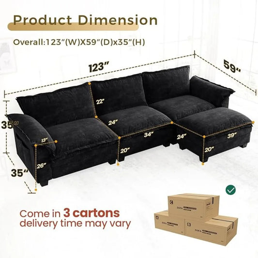 L-Shaped Modular Sectional Sofa, 4 Seater Cloud Couch with Ottoman, Chenille Sectional Couches for Living Room,Customized