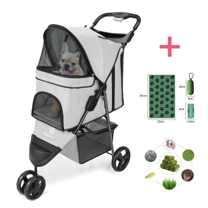 carreola para mascotas perro 3 Wheel Foldable Cat Dog Stroller with Storage Basket, Handle 360° Pet Dog Stroller