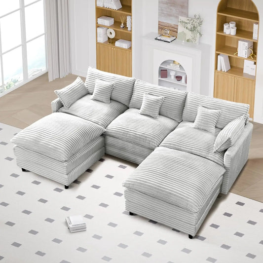 108" Cloud Couch, Modern U-Shaped Modular Sectional Sofa with 2 Ottomans & 5 Lumbar Pillows, 5-Seater Deep Seat, Customized