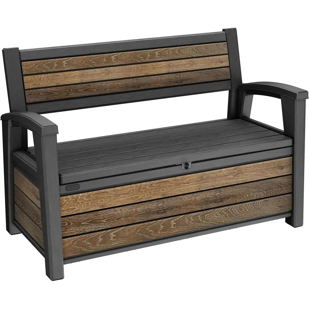 Signature 60 Gallon Storage Bench Deck Box - Patio Furniture, Porch Decor, Outdoor Seating, Store Garden Tools, Walnut