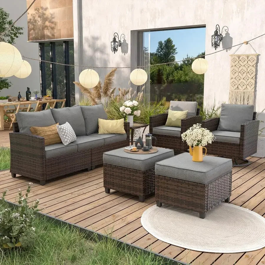 Patio Furniture Set, 6 Pieces Outdoor Sectional Couch with Swivel Rocking Chair, Brown Wicker Rattan Conversation Sofa, 4 Thick