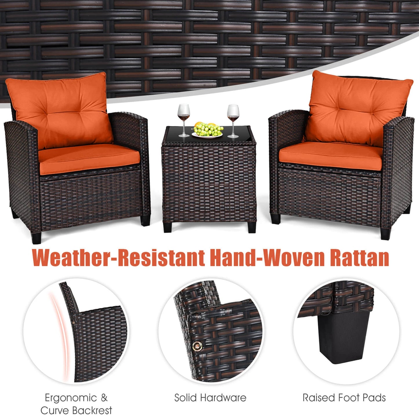 3 PCS Patio Rattan Furniture Set Cushioned Conversation Set Sofa Orange