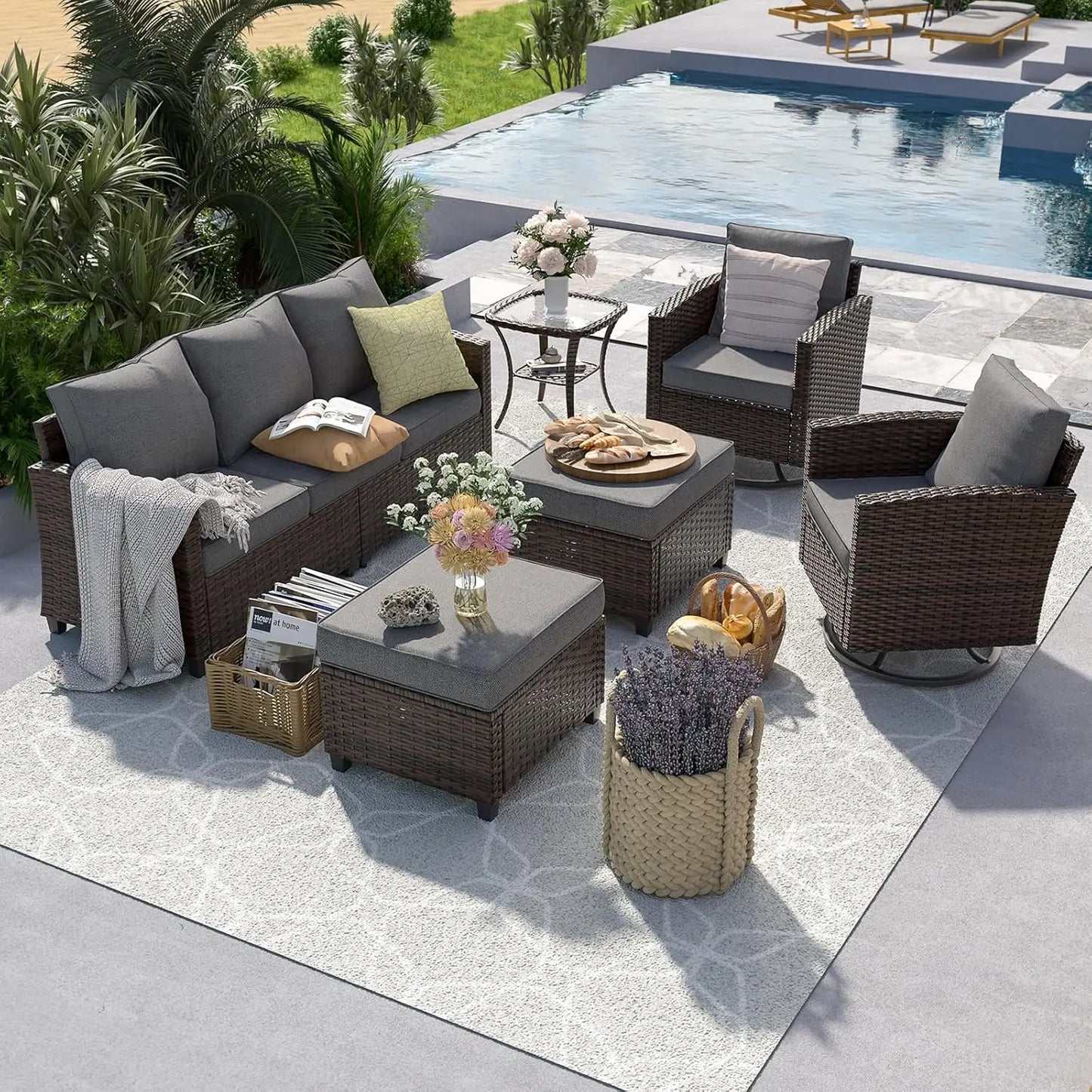 6pc Gray PE Rattan Sectional Sofa Set Swivel Chair & Side Table 4" Cushions Patio Garden, Customized