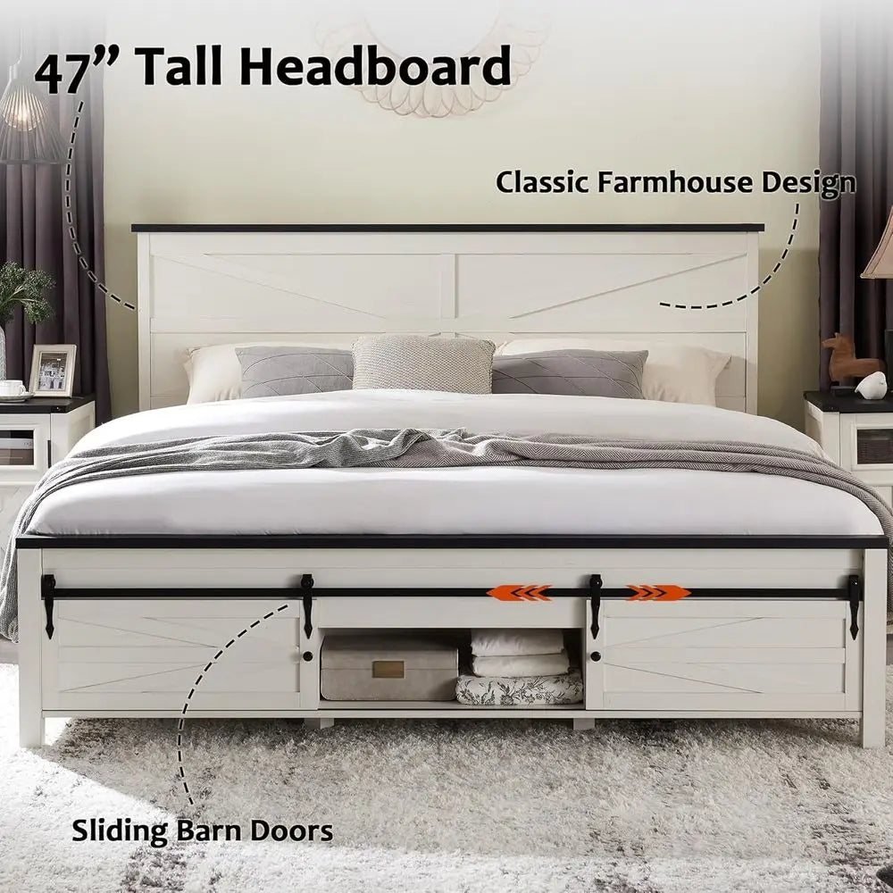 JXQTLINGMU Farmhouse King Size Bed Frame with 47" Tall Headboard, Wood King Bed Frame with Storage Cabinet, Solid Wood Slats Sup