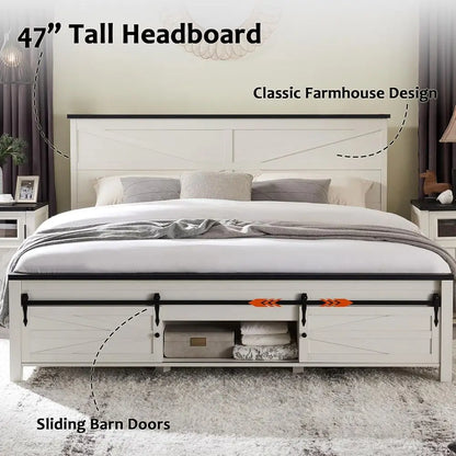 JXQTLINGMU Farmhouse King Size Bed Frame with 47" Tall Headboard, Wood King Bed Frame with Storage Cabinet, Solid Wood Slats Sup