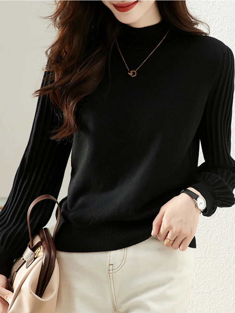 Women Half High Collar Base Sweater Autumn And Winter Casual Solid Knitted Tops Pit Stripe Long Sleeved Pullover Sweaters
