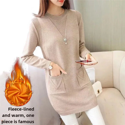 2024 New Style Korean Version Loose-Fit Medium-Length Knit Base Layer Top Women's Pullover Sweater Skirt Fleece-Lined Thickened