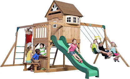 Backyard Discovery Montpelier Cedar Wood Swing Set, Ages 3-6 Years, Wave Slide, Clubhouse, Monkey Bars, Picnic Area, Belt Swings