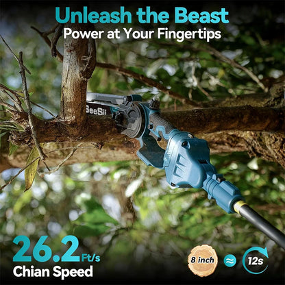 SEESII 2-in-1 Cordless 8'' Electric Chainsaw with 3M Extension Pole Electric Polesaw for Tree Trimming Limb Branch Cutter Pruner