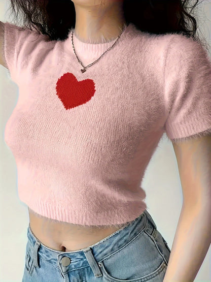 Autumn and Winter New Fashion Woman Sweater Fitted Crew Neck Heart Jacquard Fleece Short Sleeve Pullover Knit Top