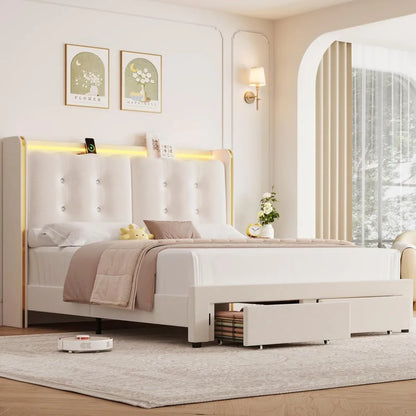 Upholstered Full Led Bed Frame with Charging Station and Storage Drawers, Velvet Princess Platform Bed Frames