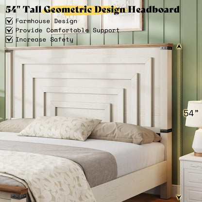 Farmhouse King Size Bed Frame with 54" Tall Geometric Headboard & Footboard, Rustic Wood Platform Bed Frame, Customized