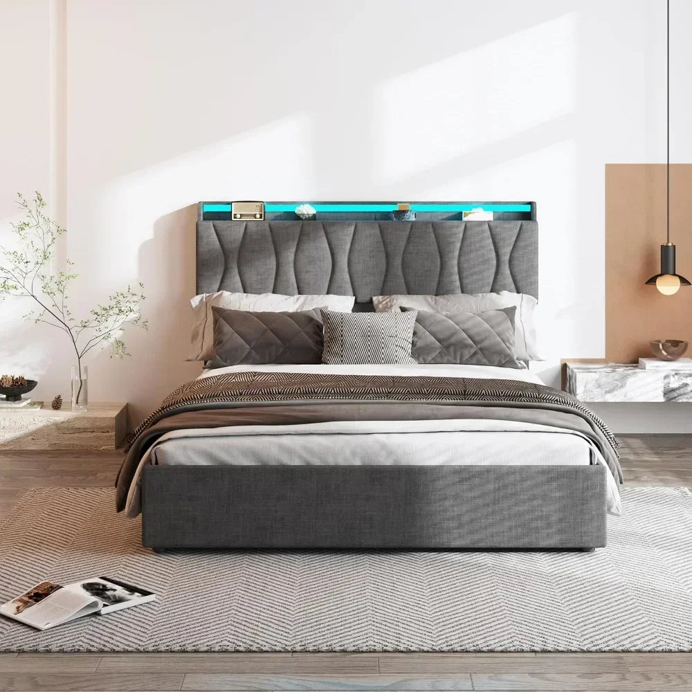 Queen Lift Up Storage Bed Frame, Height Adjustable Storage Headboard with Charging Station, LED Lights Upholstered Platform Bed