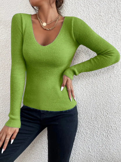 Winter To Spring Women Solid Rib Knit V Neck Stripe Pull Sweater Femme Y2k Long Sleeve Pullover Jersey Tops Fashion Clothes