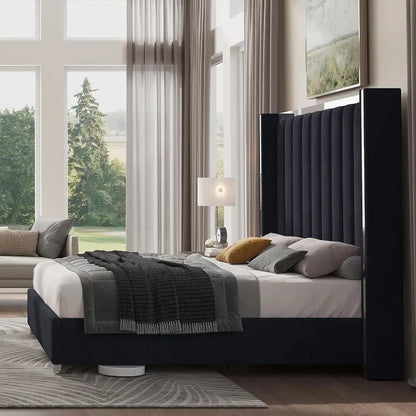 Black Velvet 58 High Wingback Headboard Queen Bed Frame, No Box Spring Required,Customized