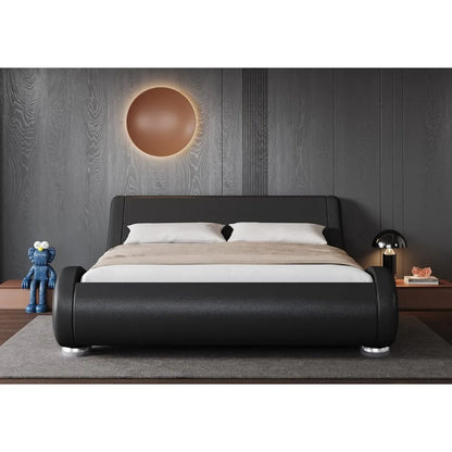 Allewie Queen Size Bed Frame with Ergonomic & Adjustable Headboard, Low Profile Modern Upholstered Platform Sleigh Design - Easy
